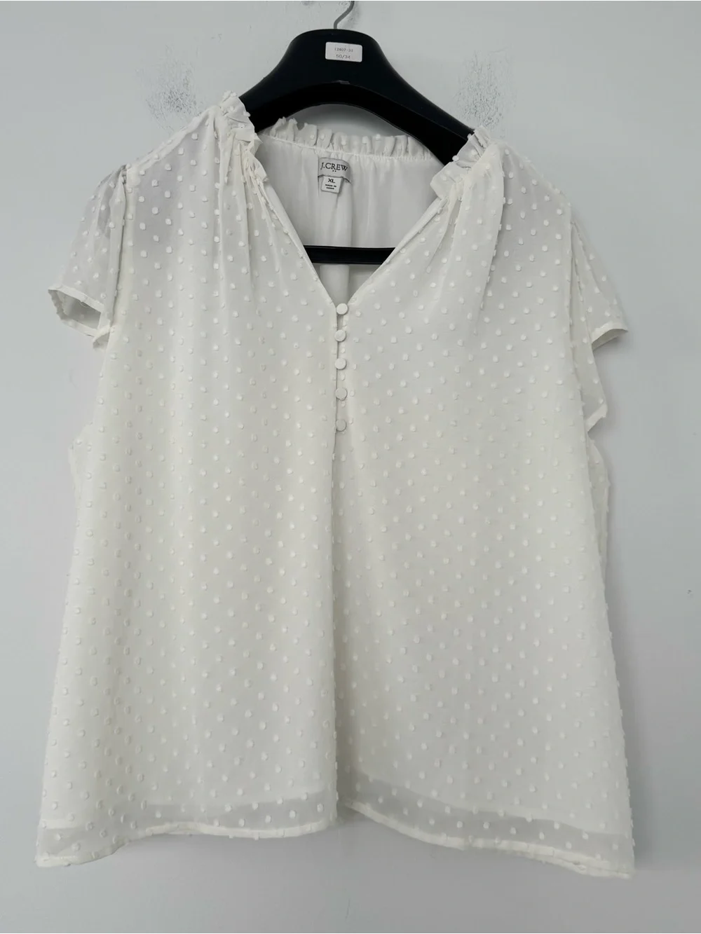 J.Crew Sheer Top Womens XL White Swiss Dot V-Neck Button Front Blouse Coquette